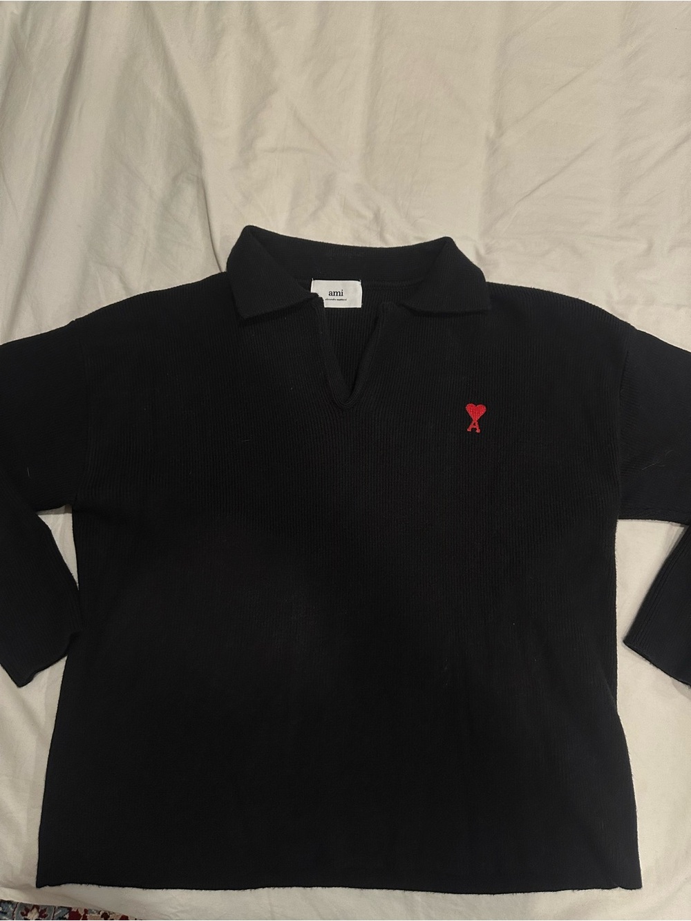 Ami Black Knit Polo with Red Heart A Logo
